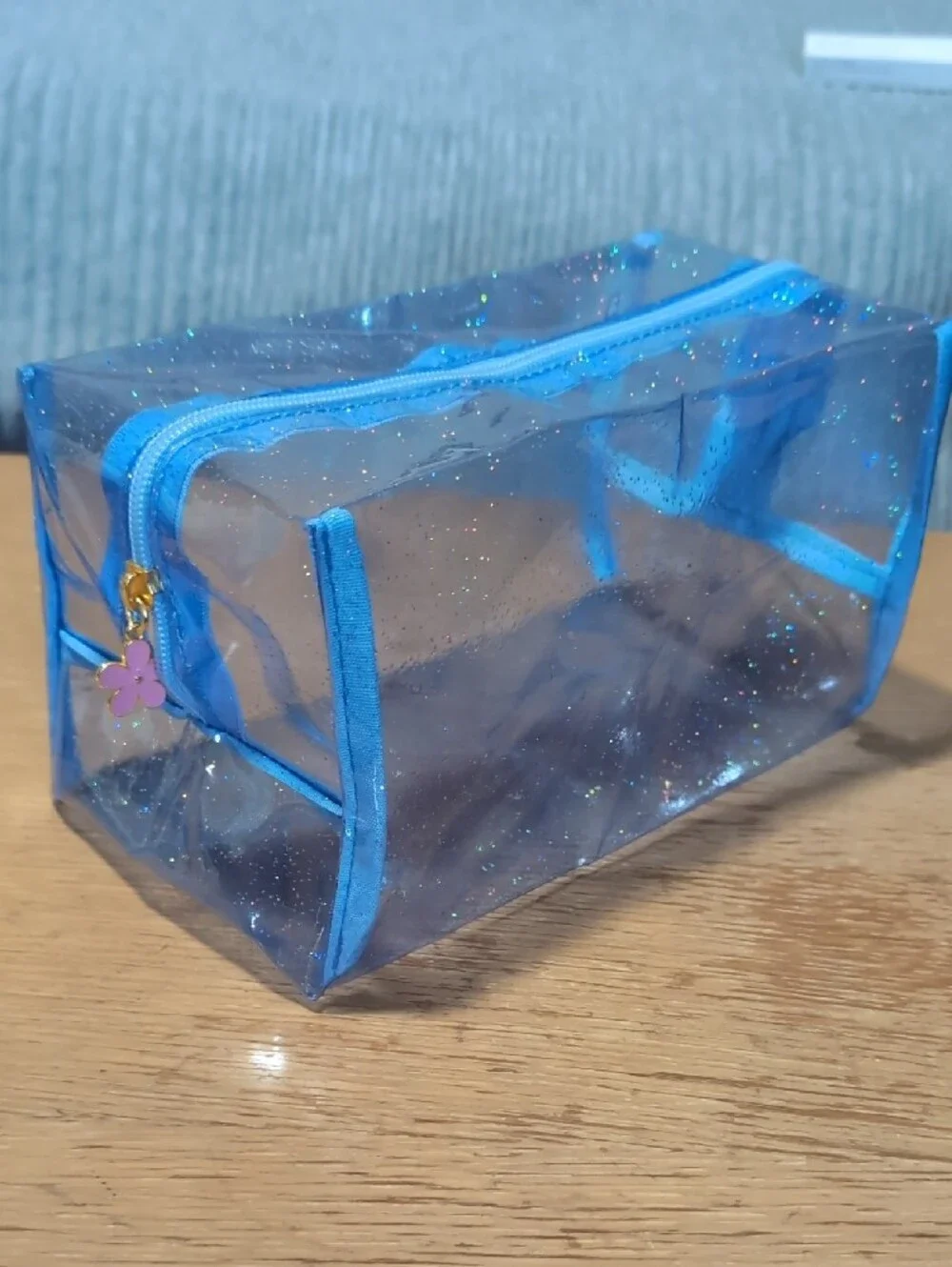 Blue Transparent Glitter Cosmetic Bag with Top Zipper